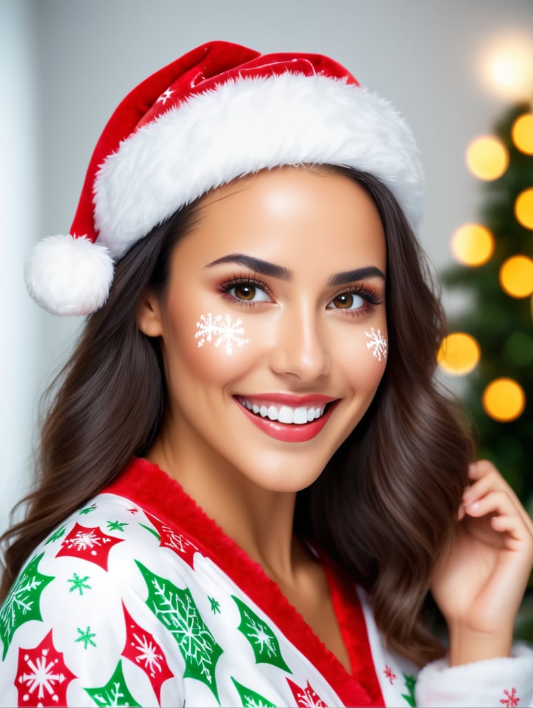 perfect face latin girl with xmas pijamas, glowing sking smiling xmas theme in white room spa laser diode xmas theme