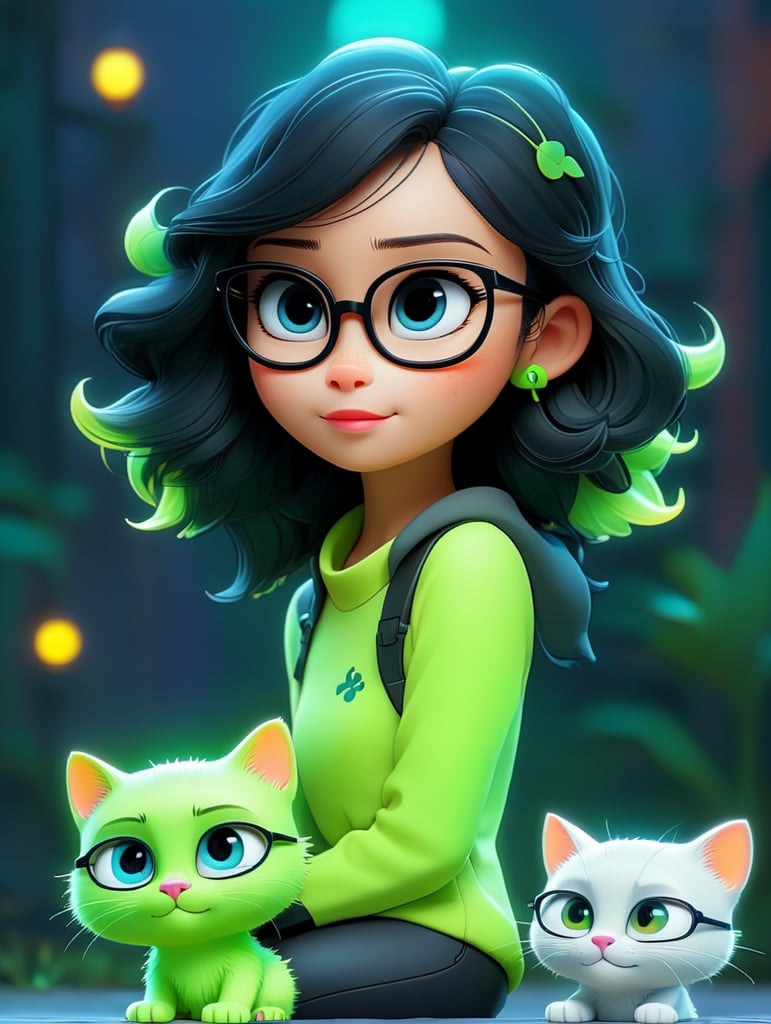 Premium AI Image, modern anime character of Chinese girl AI generated, neon, sunglasses, small cat, lizard