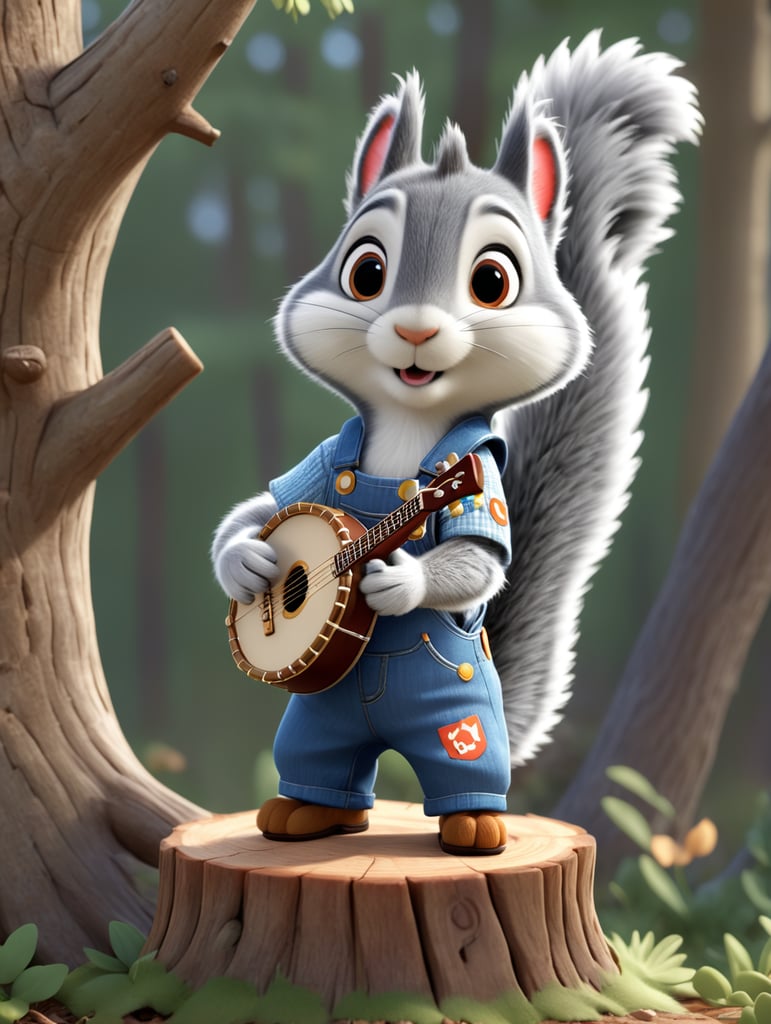 squirrel dressed in overalls playing a banjo on a tree stump