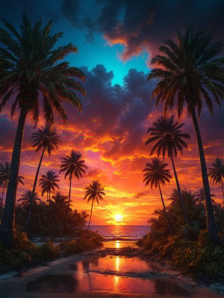 Florida sunsets and palm trees on fire, neon vibrant colors,