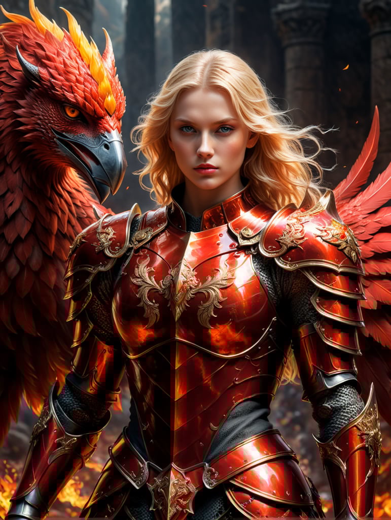 Young blonde knight in red armour with fiery phoenix pet