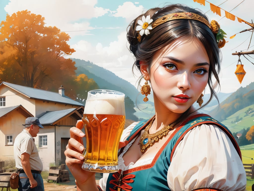 anglo saxon woman on Cute Poster Art for Oktober Fest in the German countryside, girl dressed in traditional tracht and drinking beer, new exciting angle