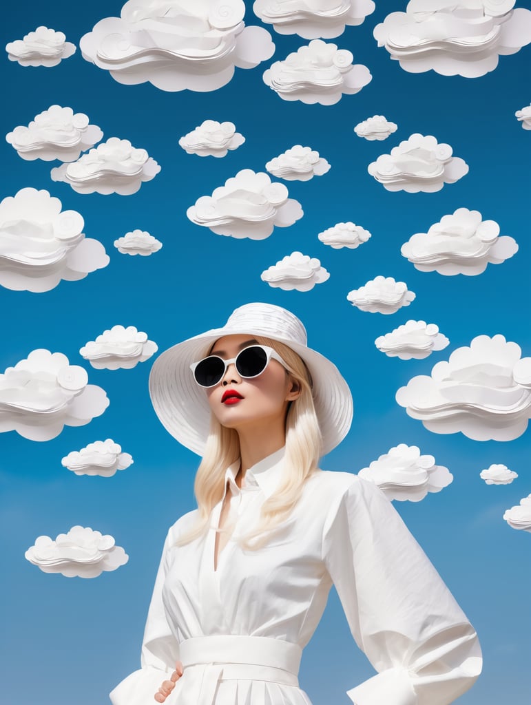 Paper clouds in the sky. Albino japanese model. paper stacked everywhere. paper hat, clothes and paper sunglasses. wind blows paper around sky. paper clouds. paper hang from sky.