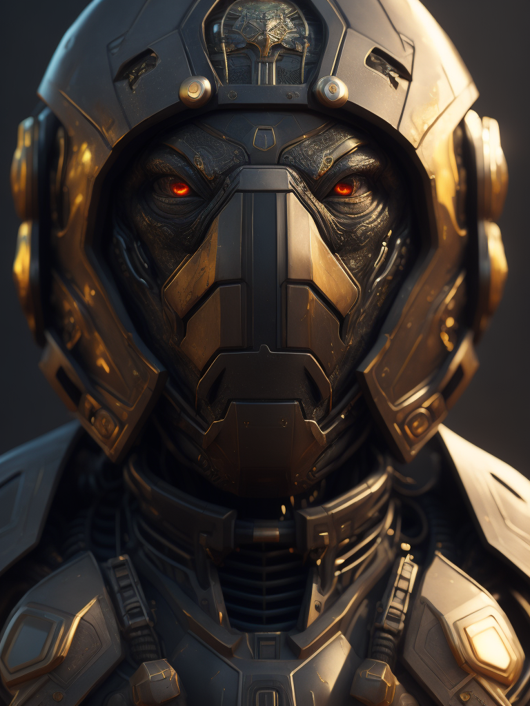Portrait of a cybernetic black turtle, sunburst around head, deadly face with power armor, ultra realistic, intricate details, highly detailed, photorealistic, octane render, volumetric lighting.