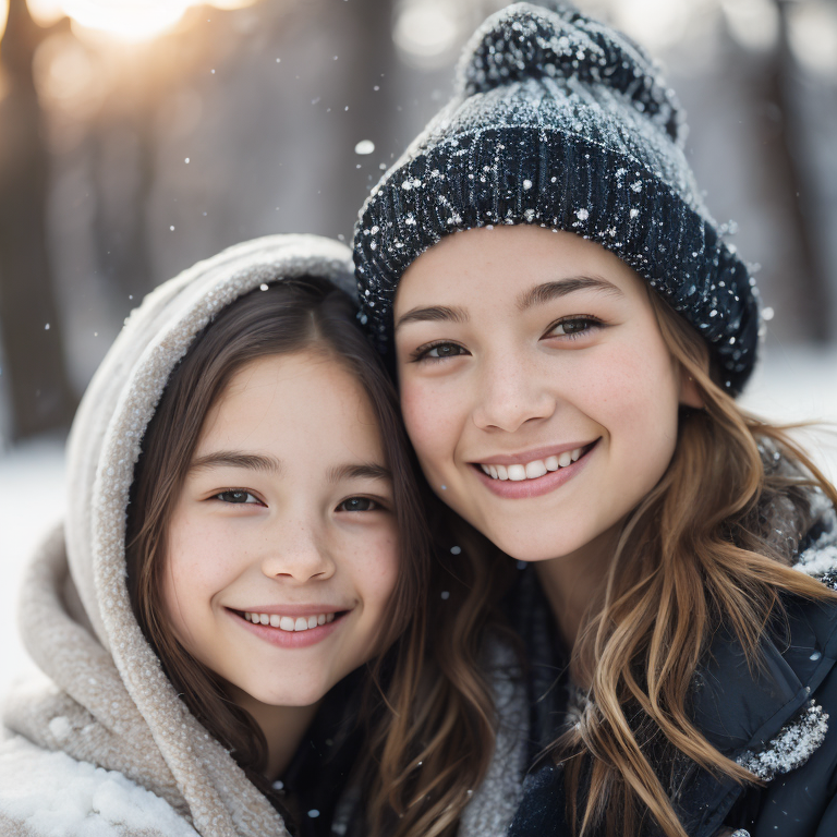 long shot, portrait of a cute 2girls, smiles, snow flakes, snow, winter