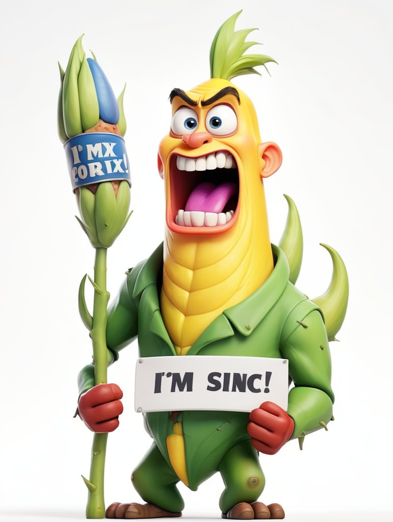 a realistic angry Genetically modified corn holding a sign "I'm sick!", WHITE background