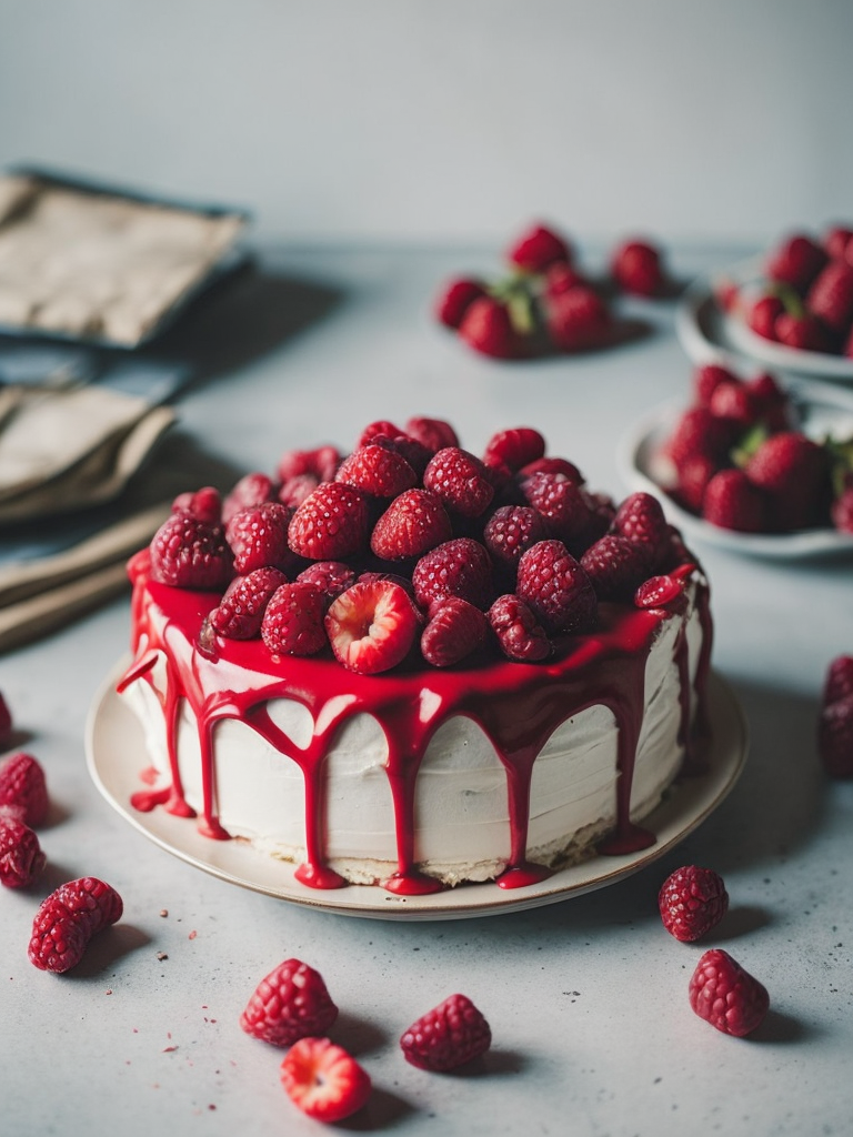 Cake with raspberries, provence atmosphere, dramatic Lighting, Depth of field, Incredibly high detailed