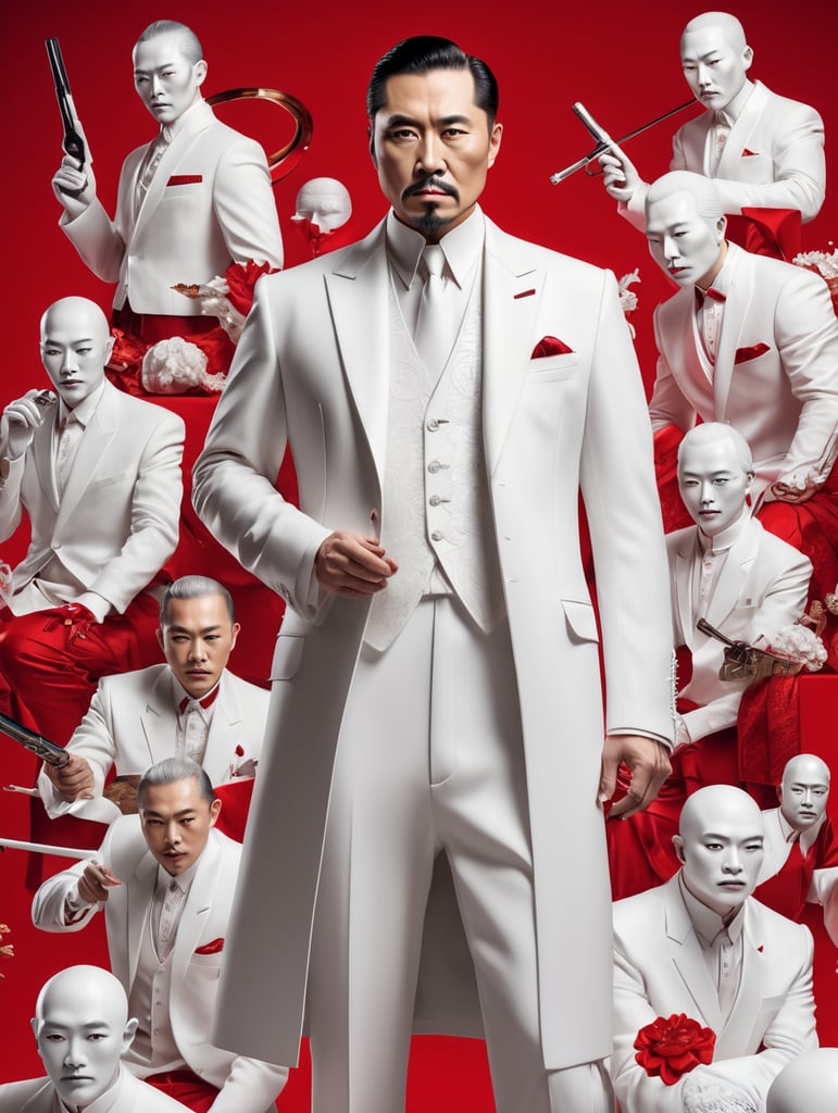 Chinese godfather, avant-garde, simplygo, photoshoot spread, dressed in all white, red background, harpers bizarre, cover, headshot, hyper realistic