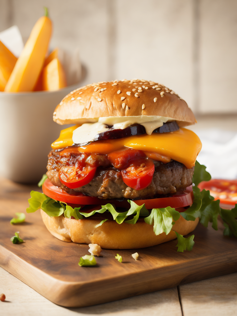 appetizing burger with beef, cheese, tomatoes, salad,