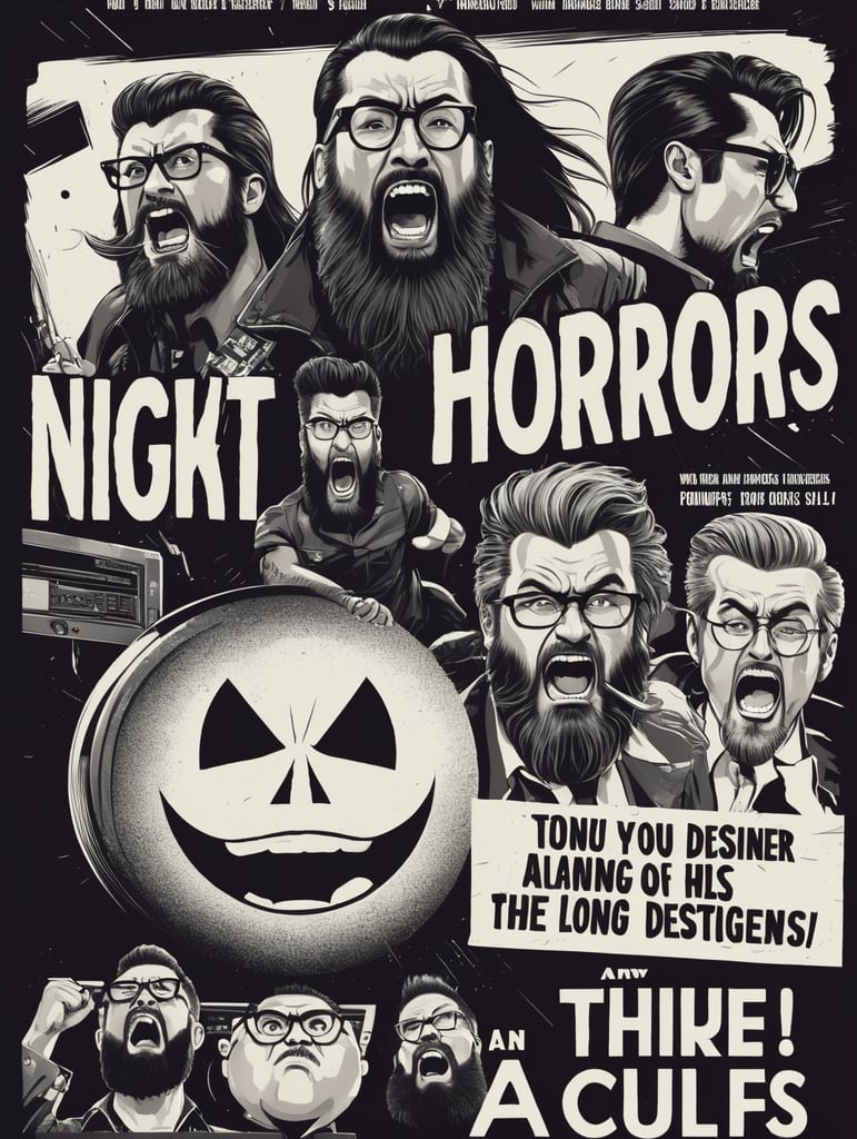 titulo STUD1029,arriba tres diseñadores gráficos, uno con barba larga y peinado de copete gritando, a un lado una diseñadora enojada con lentes redondos y cabello largo, al otro lado otra diseñadora lanzando una computadora