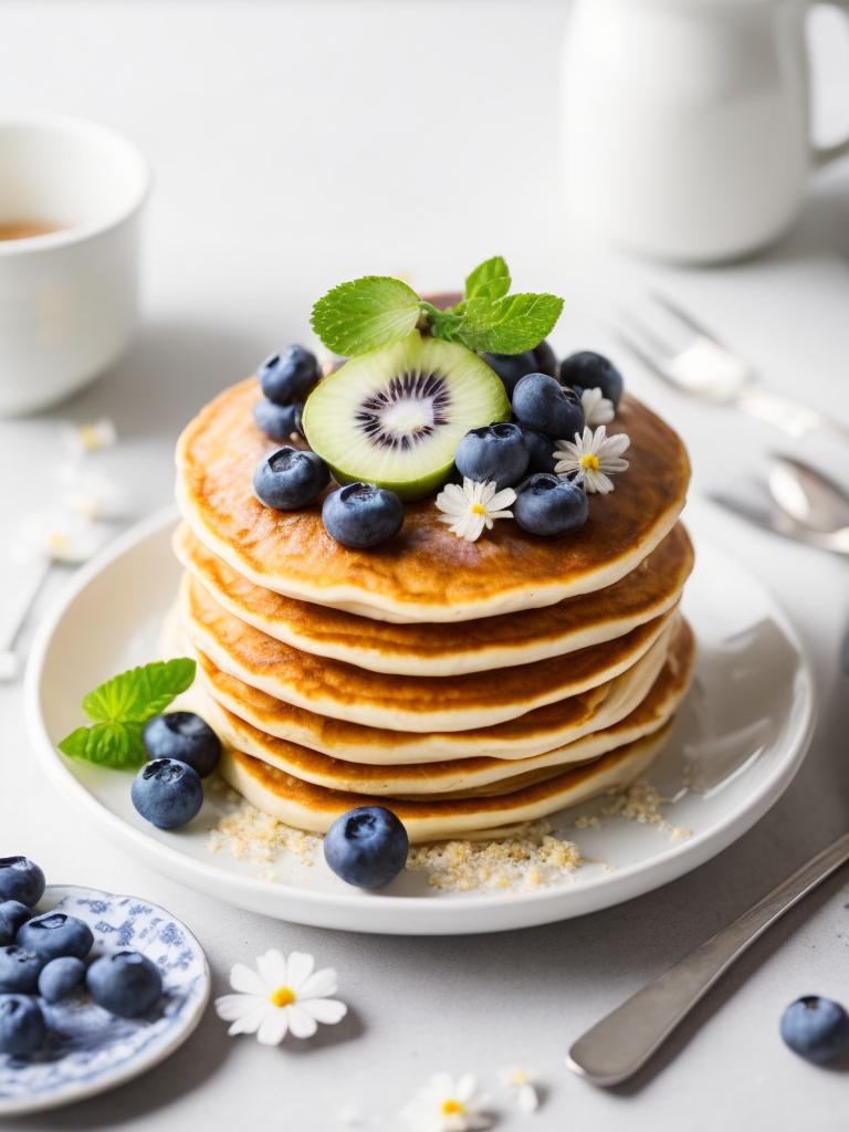 Pancakes with blueberry and kiwi decorated with chamomile flowers, bright atmosphere, Provence, Depth of field, Incredibly high detailed