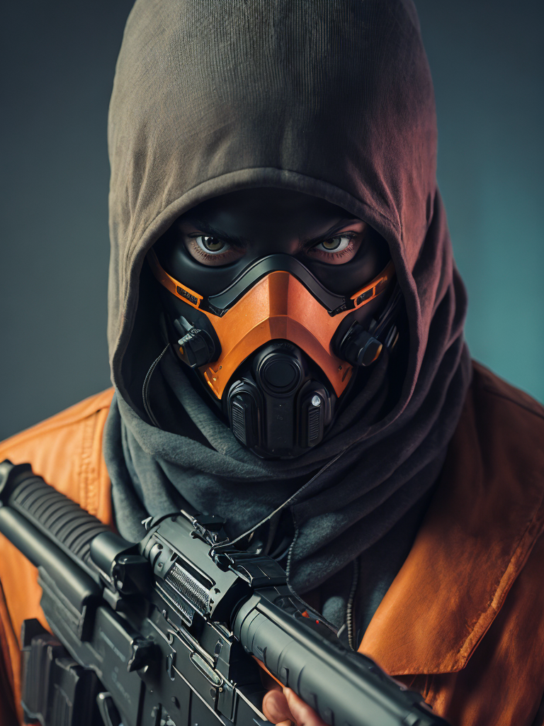 terrorist man with mask from counter strike game with ak-47, ultra realism, super detailed, neon colors, magazine cover, professional shot, magazine photography, bright saturated colors, sharp focus, highly detailed