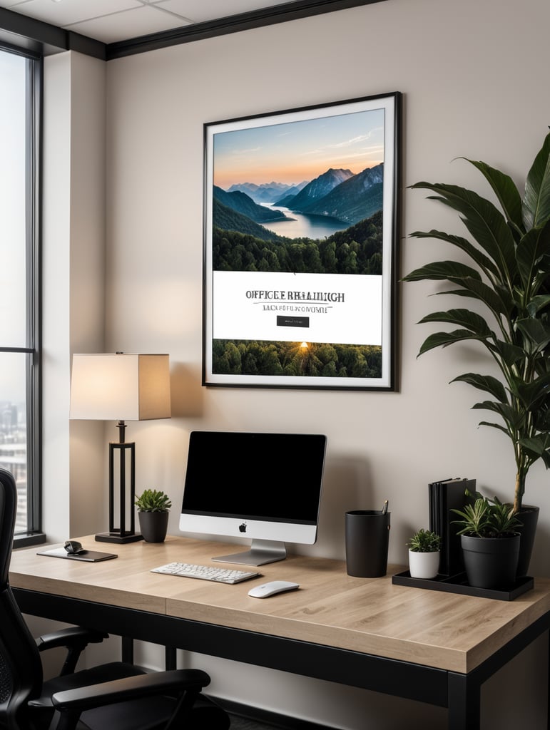 a rectangular frame mockup in a office, the office has a simple design, the office was a black table with a laptop