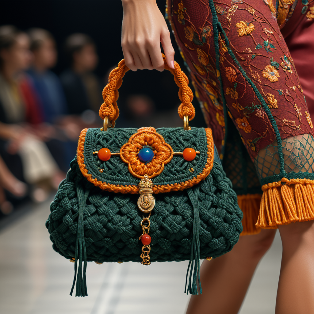 a closeup photo of a small puffy macrame purse made with puffy cords, a Gucci model standing on a runway holding bag with one hand, vogue fashion show, autumn colors