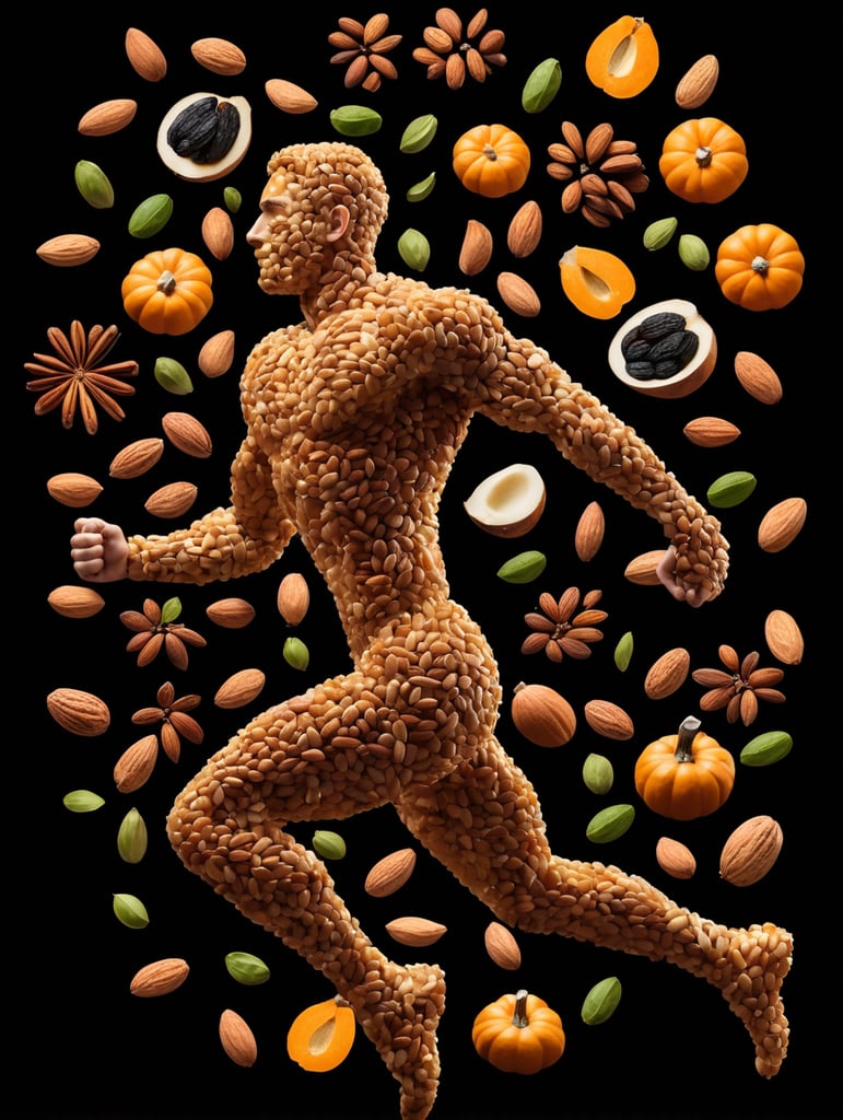 anatomy of a male, human figure made of ingredients, nuts, raisins, almonds, dates, pumpkin seeds, active pose, jumping, running, isolated, black background