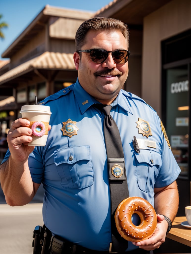 very fat cop with donut and cup of coffee, happy, sunglasses, image, portrait