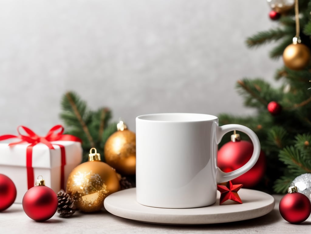 blank White ceramic mug, Christmas style photo, mock up, mockup