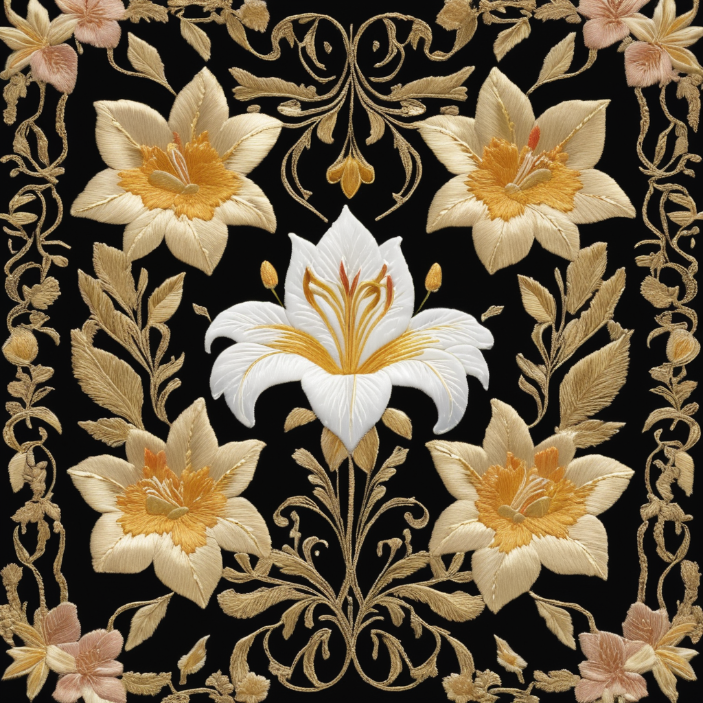 image of an embroidery in metallic gold thread, representing roses and lilies, Sevillian Baroque style, typical of Holy Week in Seville, on a luxurious black cloth, with discreet shadows and volumes, surrounded by a frame of natural wild flowers, embroidered in silk thread, bright and cheerful colours, very detailed, sharp focus, spectacular lighting, depth of field, photographic quality, high resolution, graphic design style, cultured, elegant, fashionable,