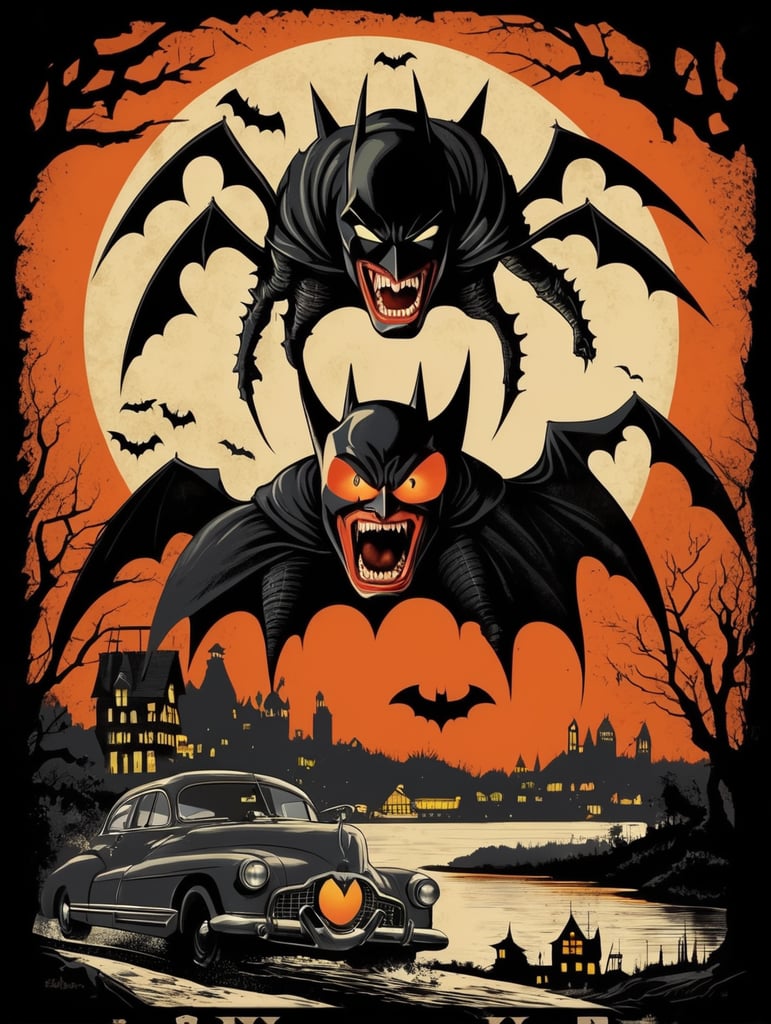 1950's b-movie horror halloween t-shirt print design featuring a giant batman
