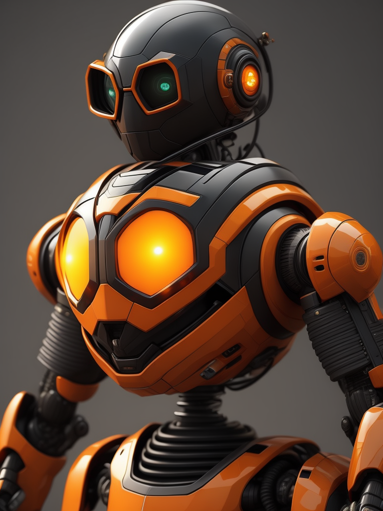 Robot AI màu cam và đen, lùn và dễ thương, mô hình 3d đơn giản, mang áo khoác và mắt kính