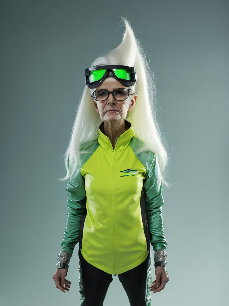 a gnome from fairytale supermodel 76 years old wearing a neon green helmet dressed in athletic clothing and glasses, in the style of futuristic glam, retro futurism, neon green clothing, glasses without color, clear glass, long white hair, teal background, mike campau, anton fadeev, high gloss, mono-ha