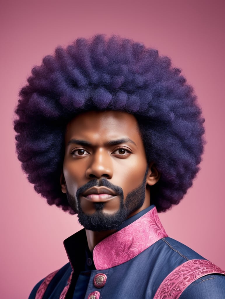 Afro ebony man, avant-garde, simplygo, photoshoot spread, dressed in all indigo, pink background, harpers bizarre, cover, headshot, hyper realistic