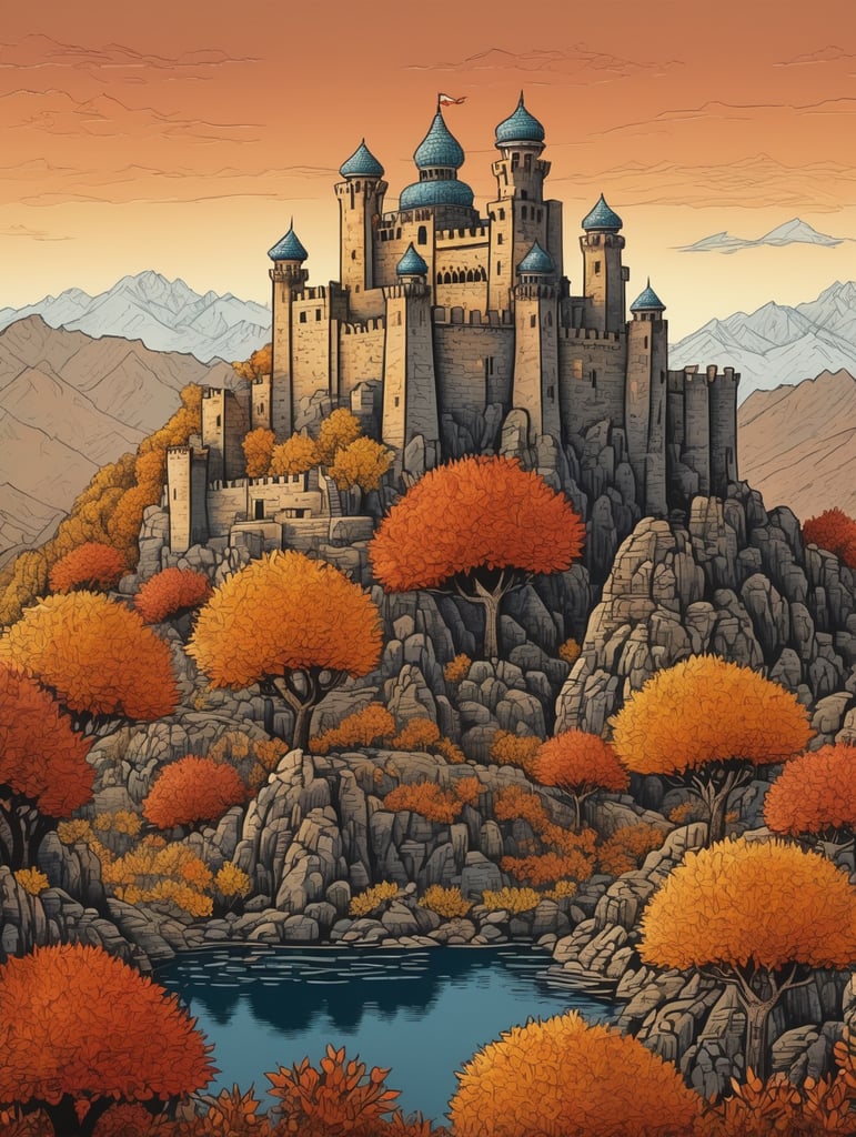 Omani stone castle in an autumn landscape, fine-art four-colour linocut illustration intricate dynamic lighting wallpaper award winning ultra detailed high definition very cute Print zentangle maximalist graceful linocut