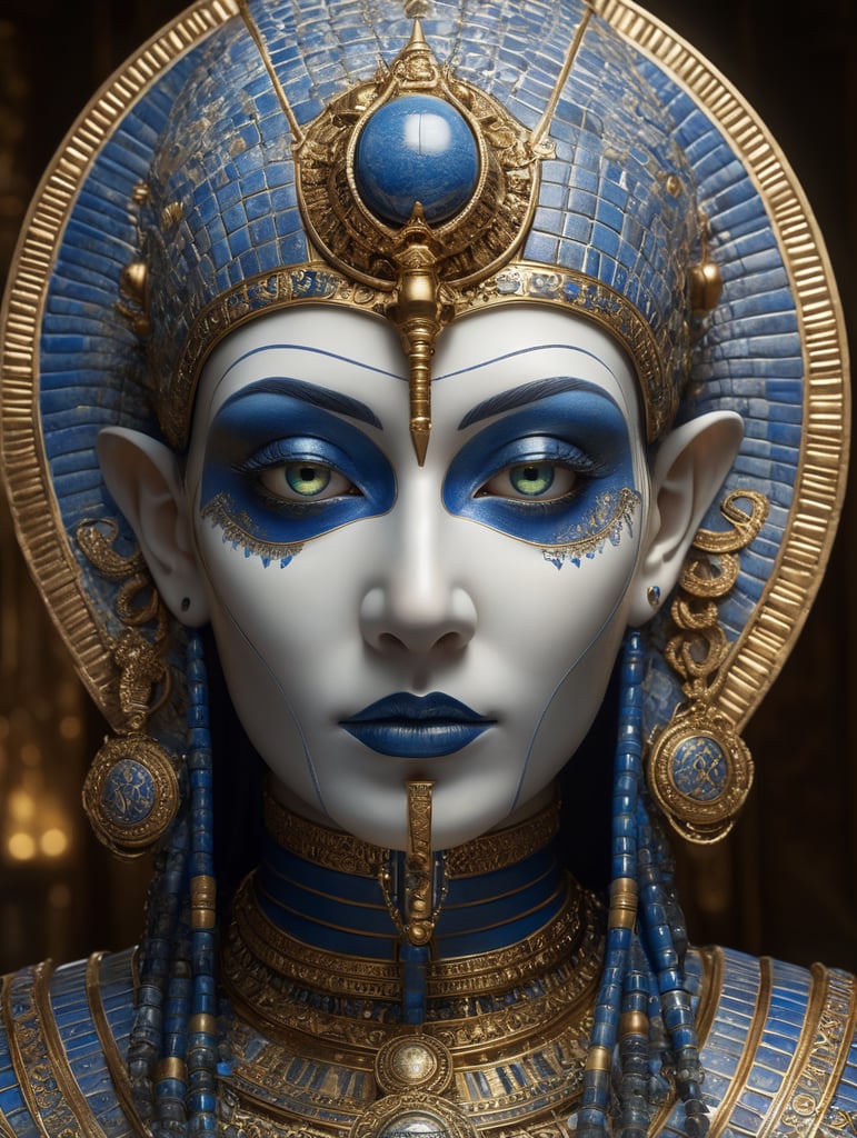 mythology goddess creature with Tutankhamen mask made of azulejo’s white and blue, gothic, gold, Neoclassical, elegant, beauty, antique classical, masterpiece, Canon50, Beautiful Lighting, Sad, highly detailed, detailed facial features, unreal engine, very detailed eyes, symmetrical eyes, mythology