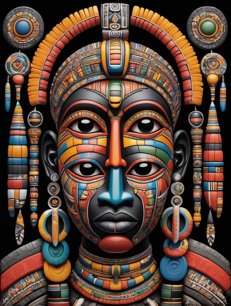 African totem in Ndebele style, bright colors, clear details, black background