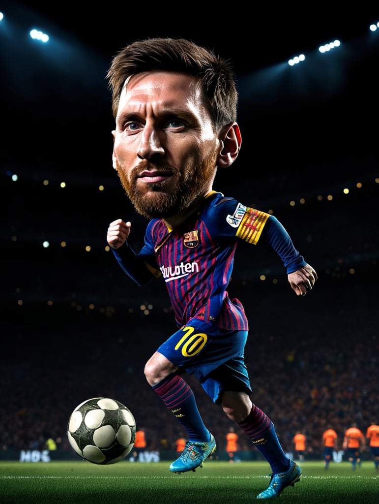 Messi con pateando el balon de futbol, ((high face)) background dark, dramatic lighting