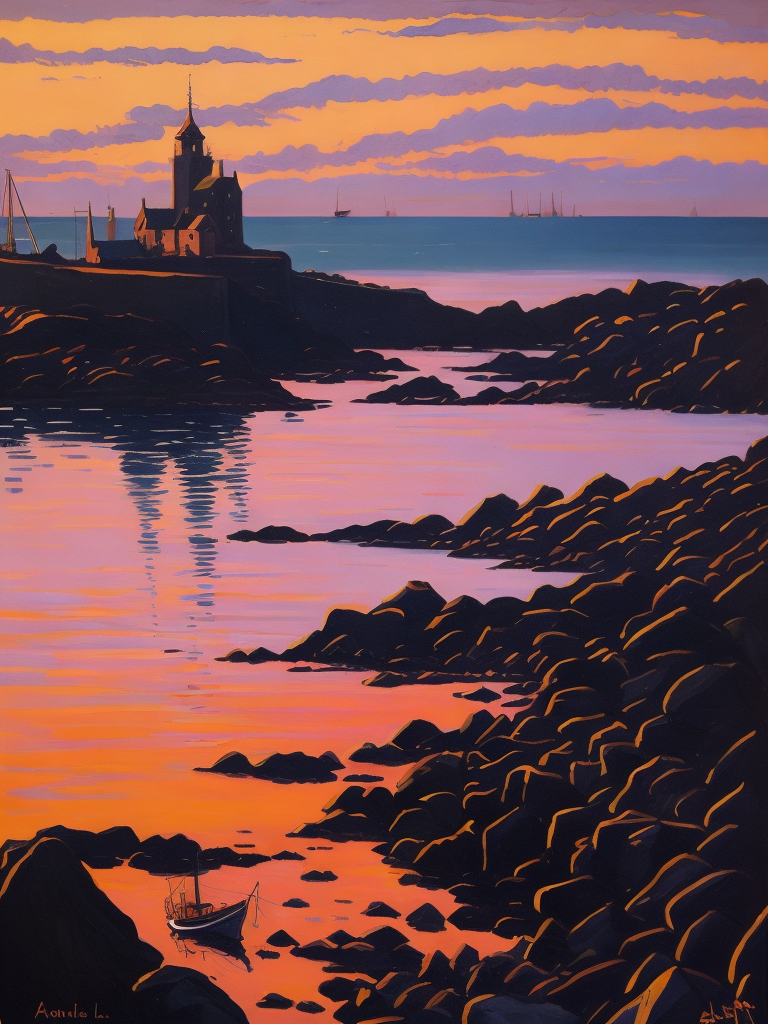 A painting by Andre Lhote. A painting of Dunbar Harbour at sunset captures the tranquil beauty and historic character of this Scottish harbor through an engaging fusion of Cubist and Fauvist styles. The peaceful waterfront, lined with fishing boats and surrounded by ancient castle ruins, is depicted using bold, fragmented shapes, while the surrounding rocky coastline and calm sea are rendered in warm hues of orange, pink, and purple. The scene conveys a sense of nostalgia and maritime heritage, reflecting the essence of Dunbar Harbour at sunset.