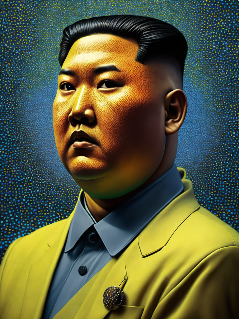 Fine Art Fluorescent Pointillism Sci-fi Surrealism Photography, Futuristic Kim Jong Un, Portrait made of hyper-detailed transparent frosted plastic, Moebius Bernard Buffet, van Gogh, Vermeer, Erin Hanson, Pierre Soulages, National Geographic, textured depth, vibrant fluorescent hyperrealism photo