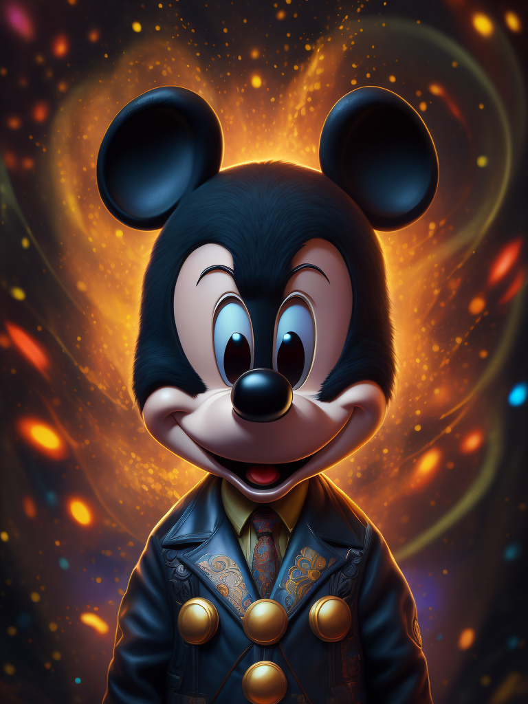 Portrait of Mickey Mouse is an American cartoon character. psychedelic, trippy, extremely detailed vibrant, cinematic lights, hyper realistic, hyper detailed, Sony Alpha α7, photorealistic