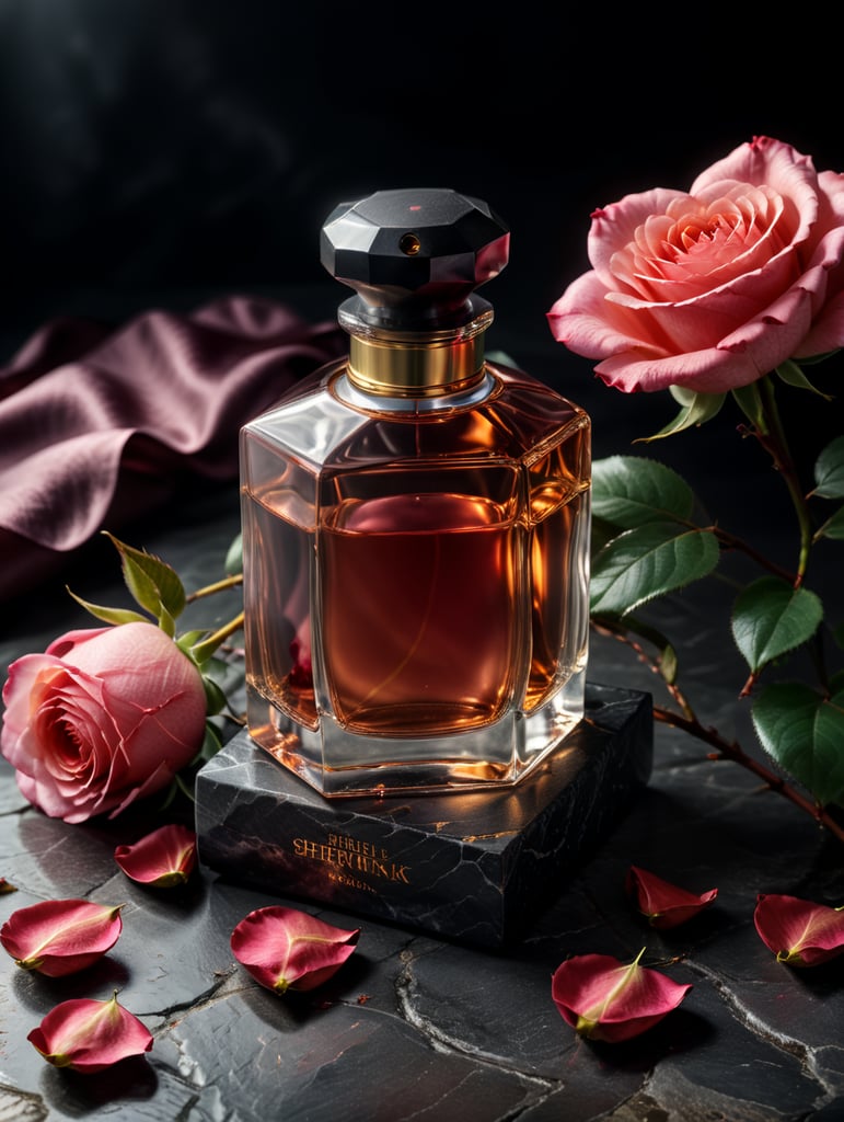 professional photography of a luxury perfume, square bottle, surrounding a rose petals, rose satin scarf on a background, no label, clear, mockup