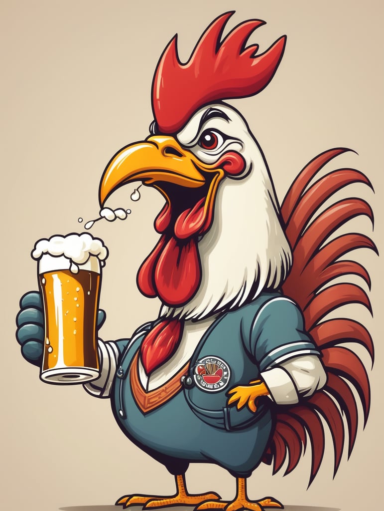 Cartoon rooster chugging a beer