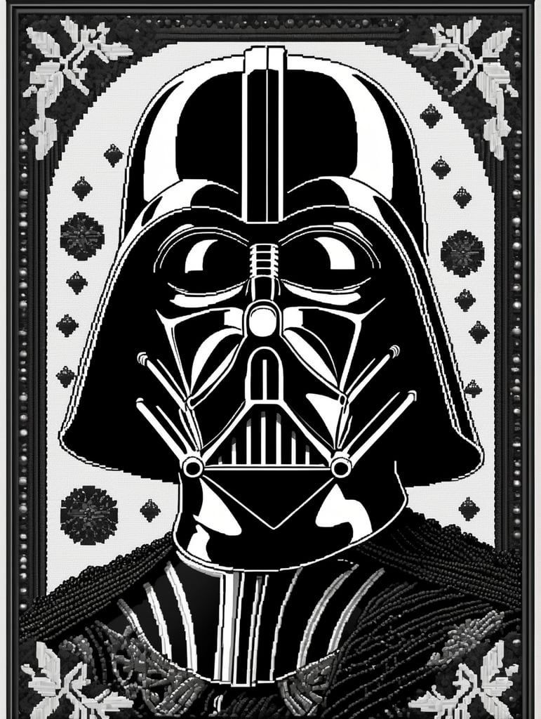 cross stitch pattern with Darth Vader in the style of fujifilm natura 1600, white and black, expressive comic panels, made of beads and yarn, craftcore, skillful, free brushwork