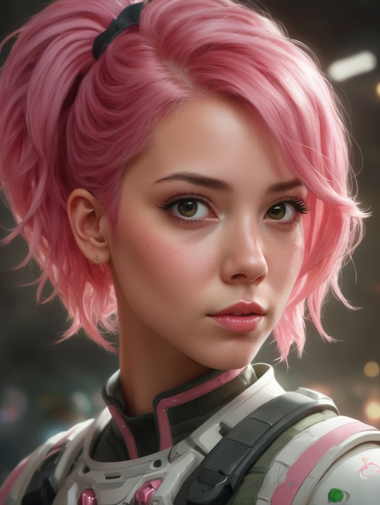 A digital painting of a girl with pink hair, a character portrait by Grillo Demo, featured on cgsociety, space art, artstation hd, behance hd, rendered in unreal engine