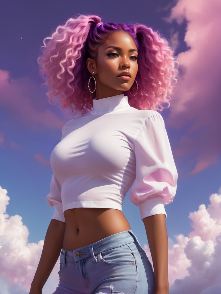 a woman with afro hair and a white shirt is standing in front of a purple sky with clouds and a pink hair, upperbody, midriff, Brom, flat colors, a character portrait, digital art, dark-skinned_female, dark_skin, navel_piercing, off_shoulder, pink_hair, purple_background, sky, long_hair