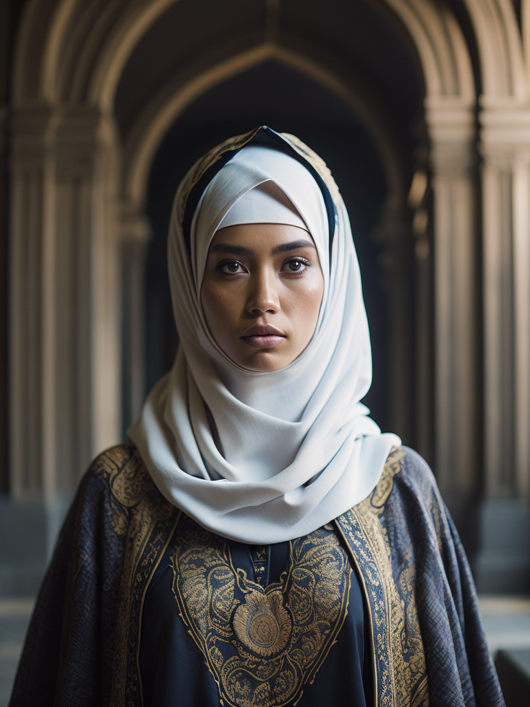 hyper-realistic, ultra-detailed photograph of indonesia white woman with arabic niqab fashion black bird cloak. Dark Renaissance ottoman mosque background, photo realistic, golden jewelry, dark, sunlight fractal details, depth of field, HOF, hall of fame, detailed gorgeous face, apocalyptic environment, natural body posture, professional photographer, captured with professional DSLR camera, trending on Artstation, 64k, ultra-detailed, ultra-accurate detailed, bokeh lighting, surrealism