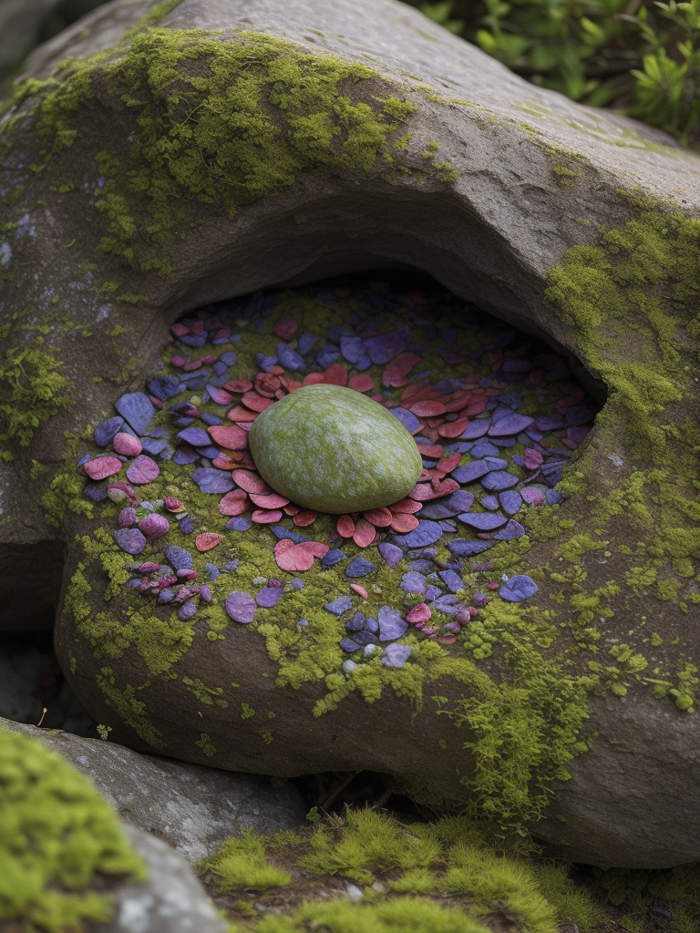 Envision a hyper-realistic, high-resolution image capturing the fascinating sight of a rock that is not just alive, but artistic. The rock is nestled in a vibrant garden, its surface adorned with a mosaic of colorful lichens and moss that form intricate patterns, giving it the appearance of a living sculpture. The colors should be a mix of the earthy tones of the rock and the vibrant hues of the lichens and moss. The composition should be a close-up shot, focusing on the rock and capturing every detail of its artistic surface.