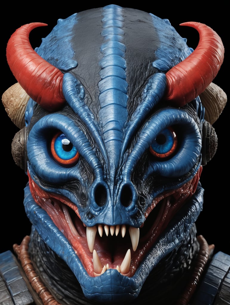 Termitor head, realistic, black background, a blue hue, head facing the camera, eyes not the red just a little bit