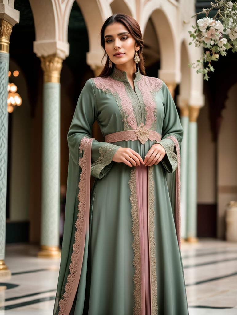 FULL BODY ABAYA sage green and dusty rose spliced with lace ABAYA