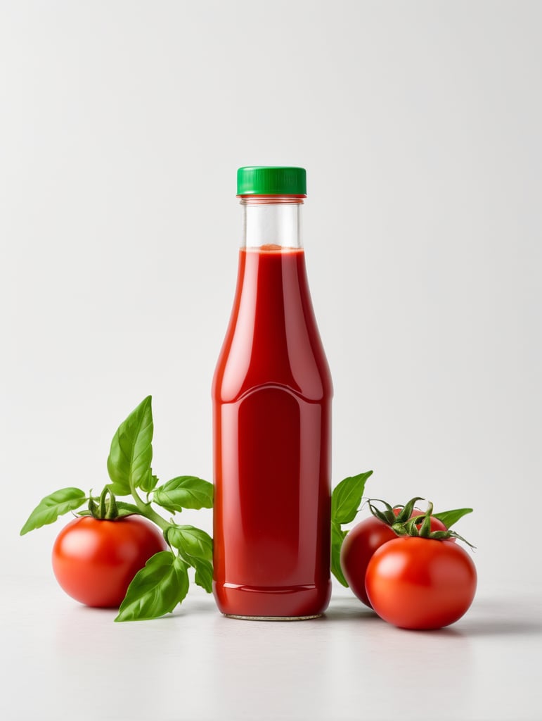 tomato ketchup bottle, red tomato with green leaves, isolated, white background, mockup