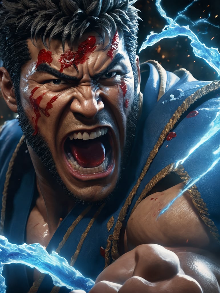Ryu street fighter character, detailed portrait, fight, blood, scream, blue energy blast