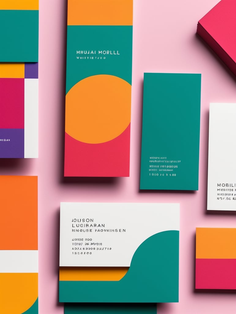 Minimalist matte white business cards on a vibrantly colored design inspired by Luis Barragan, mockup