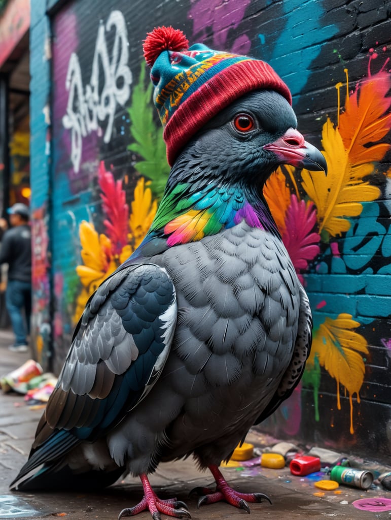 graffiti writer pigeon wearing a beannie with spraycan in in mexico city