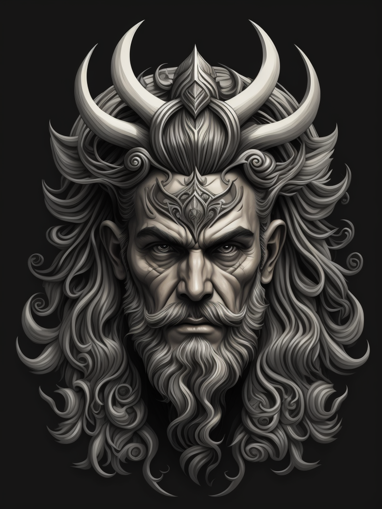A vector art of a Poseidon head tattoo, black and white
