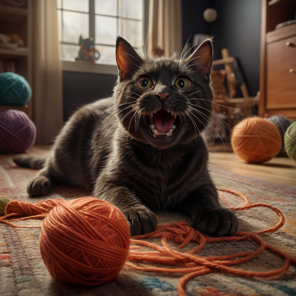 Ritratto di nn gatto che gioca freneticamente con un gomitolo nella stanza da giochi di un bambino, foto realismo qualità cinematografica