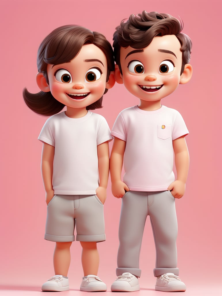 a Little boy and girl wearing white t-shirts, standing in front of pink background, blank shirts no print, 3 years old smiling toddlers, photo for apparel mock-up