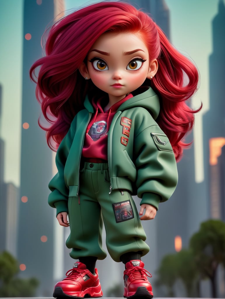 A young beautiful girl in futurestic HOODY jacket and pants and red hair against the backdrop of a skyscraper in red-burgundy tones, blurred background, focus on the girl, detailed cloth, Dramatic Lighting, Depth of field, Incredibly high detailed shoes make from dark slime, venom, sci-fi , deep atmosphere, dark, saturation, vibrance, sharp bright and saturated colors, elegant, highly detailed, vogue, fashion magazine,